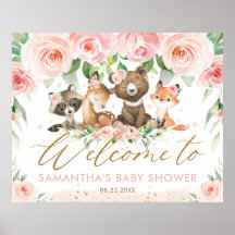 Woodland Animals Pink Floral Baby shower Welcome
