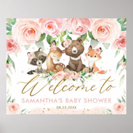 Woodland Animals Pink Floral Baby shower Welcome Poster