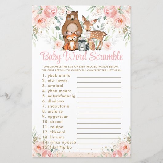 Woodland Animals Pink Floral Baby Word Scramble (Voorkant)