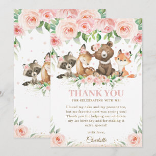 Woodland Animals Pink Floral Birthday Baby shower  Bedankkaart
