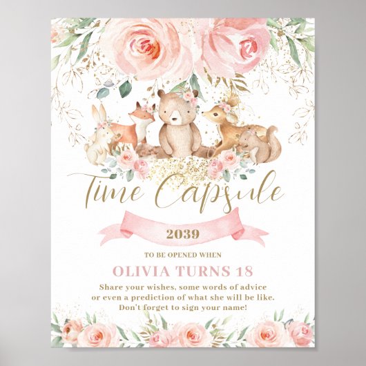 Woodland Animals Pink Floral Birthday Time Capsule Poster (Voorkant)
