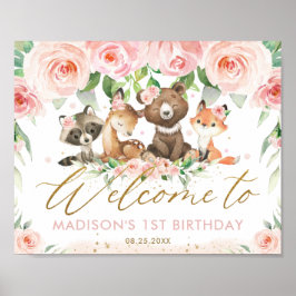 Woodland Animals Pink Floral Birthday Welkom Poster