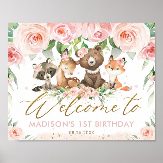 Woodland Animals Pink Floral Birthday Welkom Poster (Voorkant)