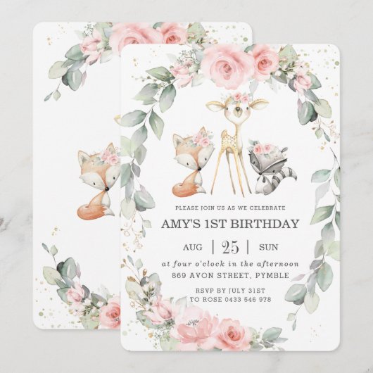 Woodland Animals Pink Floral Greenery Birthday Kaart (Voorkant / Achterkant)