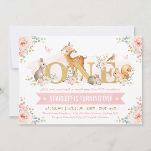 Woodland Animals Pink Gold Floral 1 oktober Kaart (Voorkant)