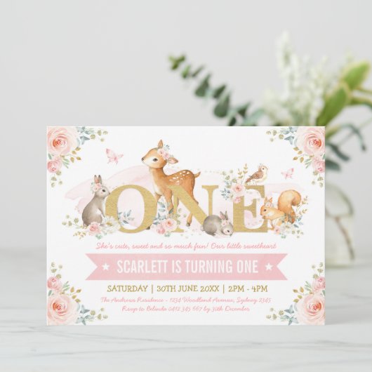 Woodland Animals Pink Gold Floral 1 oktober Kaart (Staand voorkant)