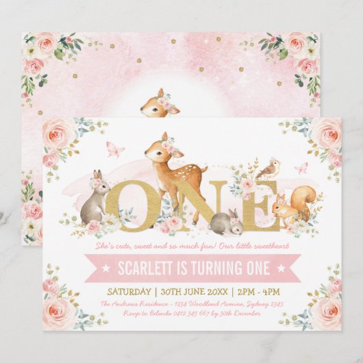 Woodland Animals Pink Gold Floral 1 oktober Kaart (Voorkant / Achterkant)