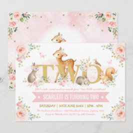 Woodland Animals Pink Gold Floral 2e verjaardag Kaart