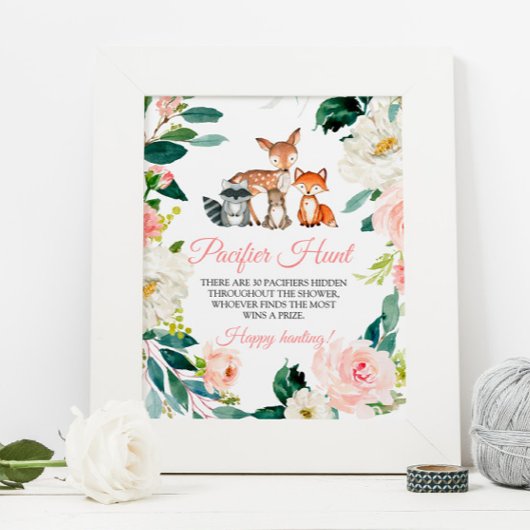 Woodland Animals & Pink Pacifier Hunt Game Sign Poster