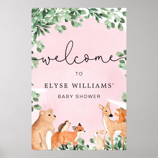 Woodland Animals Pink Welcome Sign Poster (Voorkant)