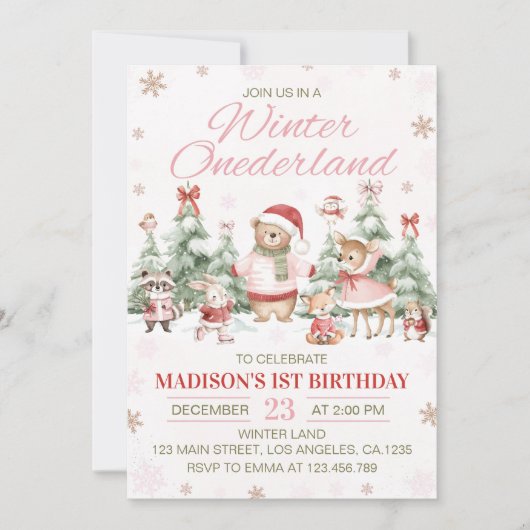Woodland Animals Pink Winter Onederland Birthday Kaart (Voorkant)