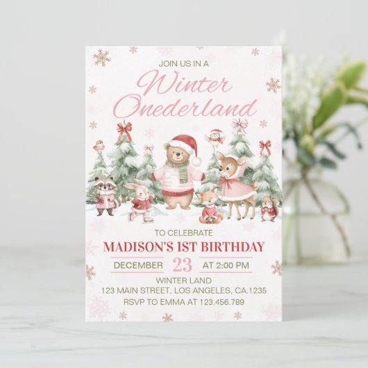 Woodland Animals Pink Winter Onederland Birthday Kaart (Staand voorkant)