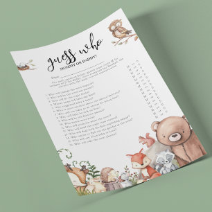 Woodland Animals 'Raad wie' Baby shower Game Flyer