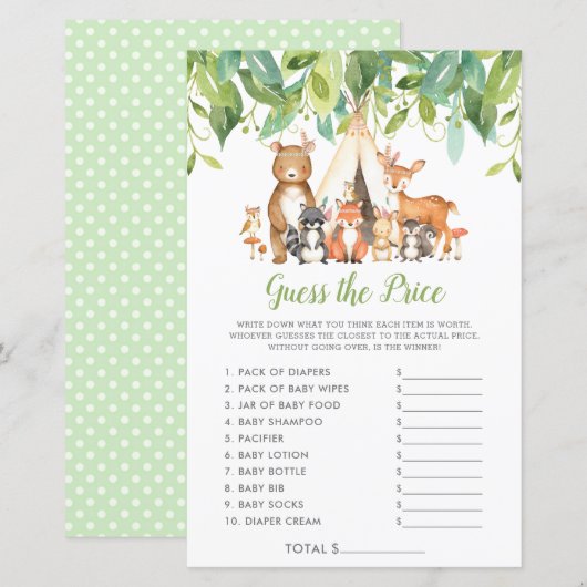 Woodland Animals raden het Baby shower van de Prij (Voorkant / Achterkant)