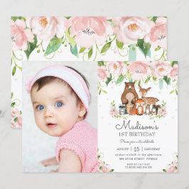Woodland Animals Roze Bloemen 1e Verjaardag Foto Kaart