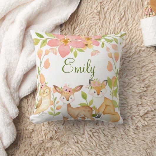 Woodland Animals Roze Bloemen Gepersonaliseerd Kussen (Deken)