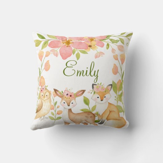 Woodland Animals Roze Bloemen Gepersonaliseerd Kussen (Achterkant)