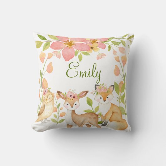 Woodland Animals Roze Bloemen Gepersonaliseerd Kussen (Voorkant)