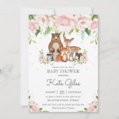 Woodland Animals Roze Bloemen Meisje Baby shower Kaart (Voorkant)