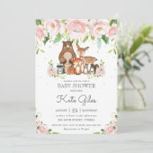 Woodland Animals Roze Bloemen Meisje Baby shower Kaart (Staand voorkant)