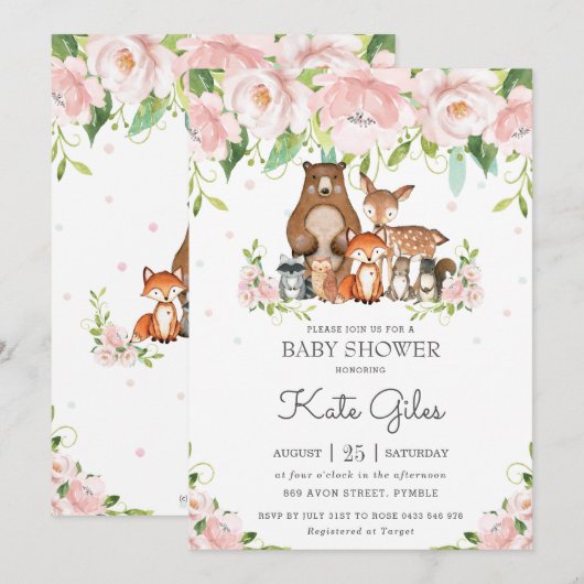 Woodland Animals Roze Bloemen Meisje Baby shower Kaart (Voorkant / Achterkant)