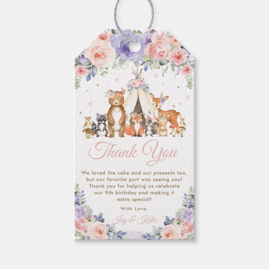 Woodland Animals Roze en Paarse Bloemen Dank u Cadeaulabel (Voorkant)