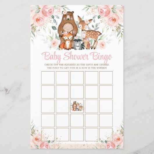 Woodland Animals roze Roses Baby shower Bingo Game (Voorkant)