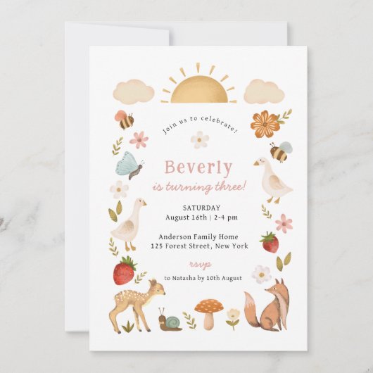 Woodland Animals Roze Verjaardag Kaart (Voorkant)