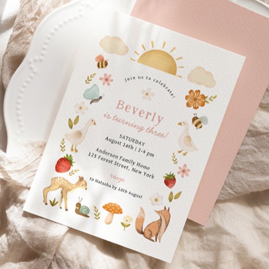 Woodland Animals Roze Verjaardag Kaart