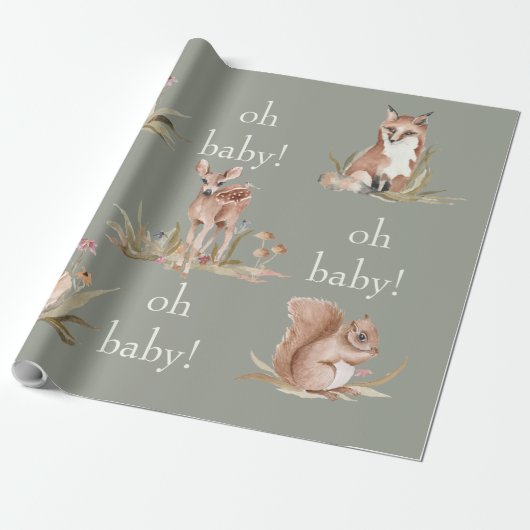 Woodland Animals Sage Oh Baby Wrapping Paper Cadeaupapier (Uitgerold)