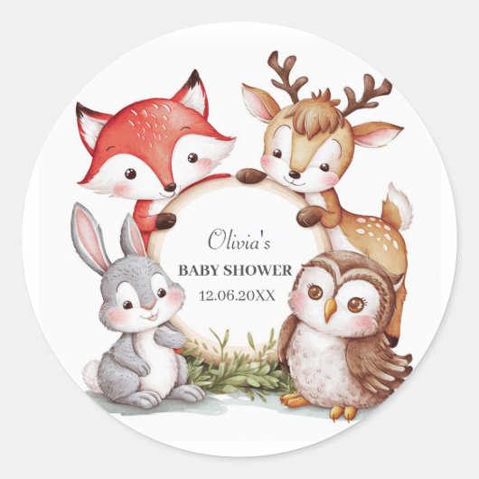 Woodland Animals Schattige Baby shower Ronde Sticker (Voorkant)