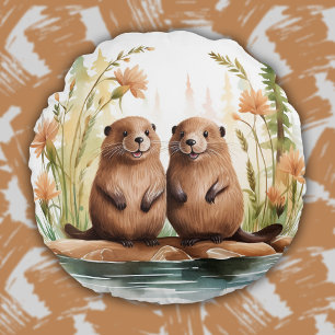 Woodland Animals Schattigee Bevers Baby Kinder Kam Rond Kussen