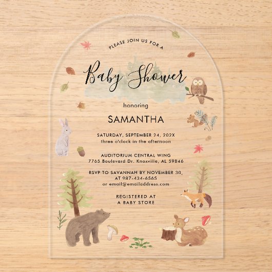Woodland Animals Script-Baby shower Acryl Uitnodigingen (Voorkant)