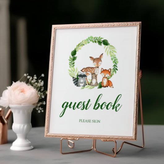 Woodland Animals Shower Guest Book Pedestal Sign Poster