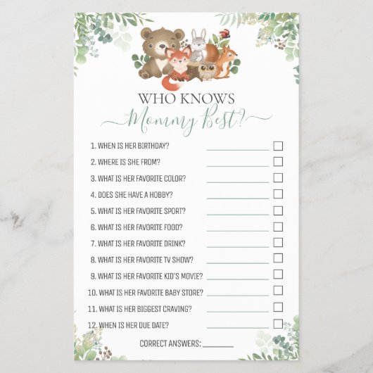 Woodland animals Shower Hoe goed ken je het spel? Flyer (Voorkant)