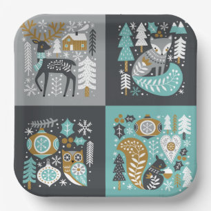 Woodland Animals Sneeuwvlokken Scandinavische Kers Papieren Bordje