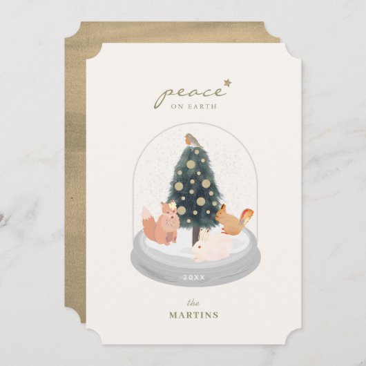 Woodland Animals Snow Wereldbol Gouden Kerst Kaart (Voorkant / Achterkant)