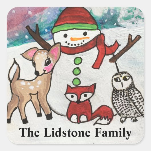 Woodland Animals Snowman Familienaam Vierkante Sticker (Voorkant)