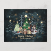 Woodland Animals Snowman Kerst Blauwgroen blauw Briefkaart (Voorkant)