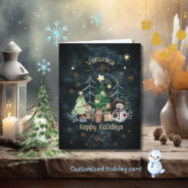 Woodland Animals Snowman Kerst Blauwgroen blauw Ka Kaart