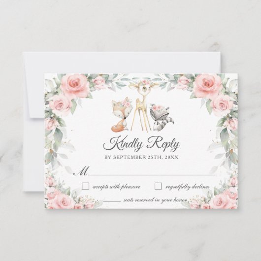 Woodland Animals Soft Blush Pink Flowers Greenery RSVP Kaartje (Voorkant)
