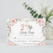Woodland Animals Soft Blush Pink Flowers Greenery RSVP Kaartje (Staand voorkant)