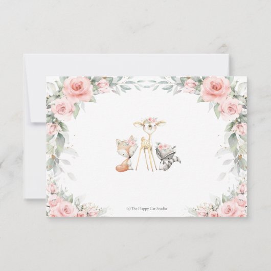 Woodland Animals Soft Blush Pink Flowers Greenery RSVP Kaartje (Achterkant)