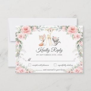 Woodland Animals Soft Blush Pink Flowers Greenery RSVP Kaartje