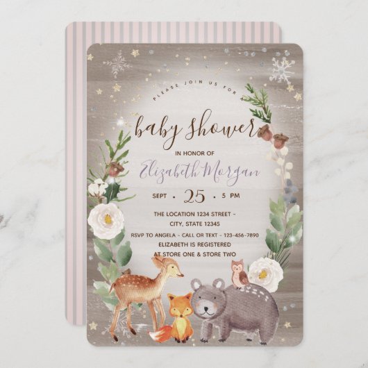 Woodland Animals Striped Baby shower Invitation Kaart (Voorkant / Achterkant)