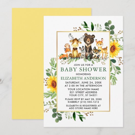 Woodland Animals Sunflower Baby shower Kaart (Voorkant / Achterkant)
