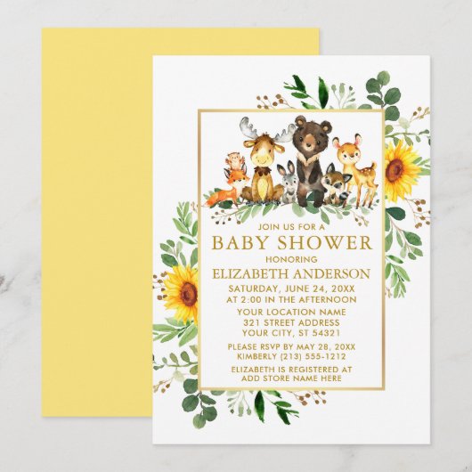 Woodland Animals Sunflower Baby shower Kaart (Voorkant / Achterkant)