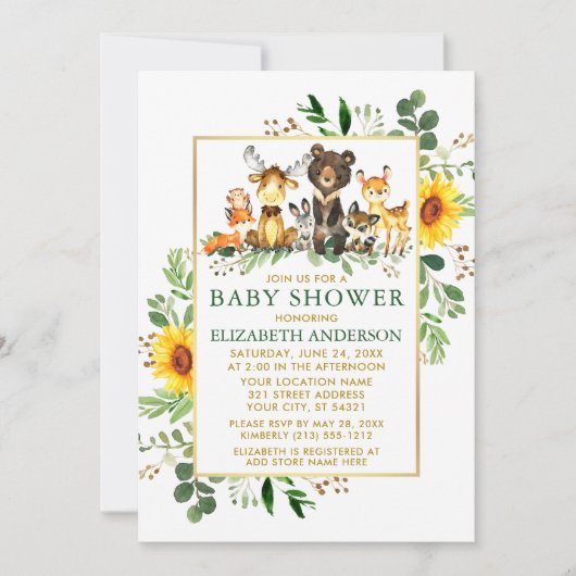 Woodland Animals Sunflower Green Gold Baby shower Kaart (Voorkant)