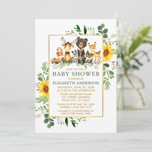 Woodland Animals Sunflower Green Gold Baby shower Kaart (Staand voorkant)
