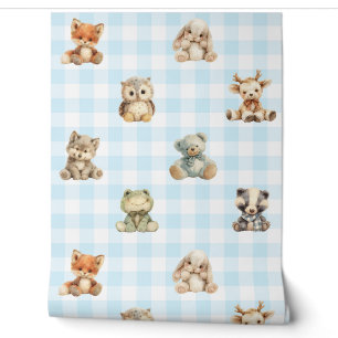 Woodland Animals Toys Blue Plaid Baby Boy Nursery Behang